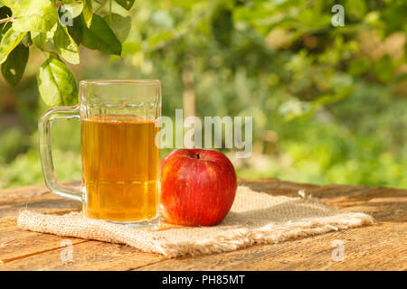 Sidro di mela in calice di vetro e rosso fresco apple su tavole di legno con verdi sfocate sfondo naturale. Shellow profondità di campo. Bevande organici Foto Stock