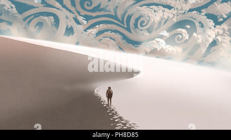 Spazio viaggiatore a piedi sulle dune di sabbia nel deserto bianco all'orizzonte con fantasia nuvole, arte digitale stile, illustrazione pittura Foto Stock