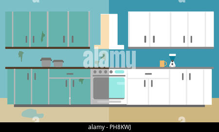 Miglioramento della cucina prima e dopo la riparazione. Home rinnovamento interiore. Uno stile piatto illustrazione Foto Stock