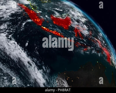 Indonesia dallo spazio di notte con visibili i confini del paese. 3D'illustrazione. Gli elementi di questa immagine fornita dalla NASA. Foto Stock