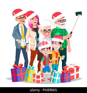 Natale Ritratto di famiglia vettore. Grande famiglia felice. Tradizionale manifestazione. Cappelli di Babbo Natale. Nuovo anno doni. I genitori, i nonni e i bambini. Saluto, cartolina, design colorato. Isolato illustrazione Cartoon Illustrazione Vettoriale