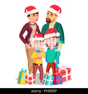 Natale Ritratto di famiglia vettore. Papà, mamma, bambini. In cappelli di Babbo Natale. Vacanze invernali. Allegro. Saluto, cartolina, design colorato. Isolato illustrazione Cartoon Illustrazione Vettoriale