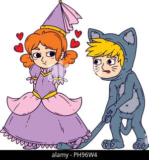 Un ragazzo e una ragazza in costume di halloween princess e cat. Ragazza flirtare con ragazzo. Illustrazione di vettore isolato su sfondo bianco. Illustrazione Vettoriale