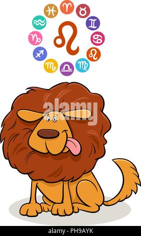 Illustrazione del fumetto di leone segno zodiacale divertente con cane Illustrazione Vettoriale