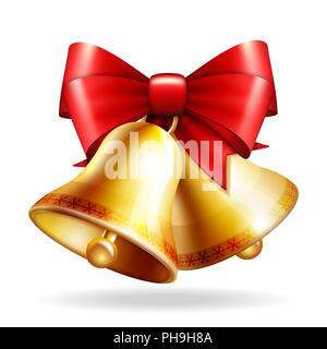 Golden campane con un fiocco rosso Foto Stock