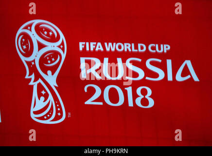 Das Logo offizielle der Fussball Weltmeisterschaft " FIFA World Cup Russia 2018', Berlino. Foto Stock