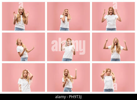 Il collage di giovane donna ritratti con diverse emozioni felici Foto Stock