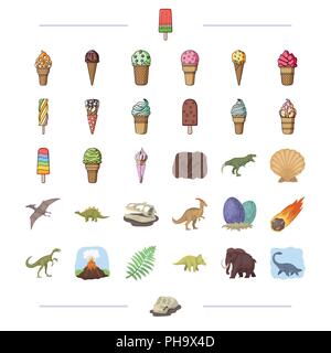 Diversi tipi di gelato e altre icone in stile cartoon.. I dinosauri, Giurassico icone nella raccolta di set. Illustrazione Vettoriale