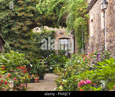 Home ingresso con letto di fiori Foto Stock