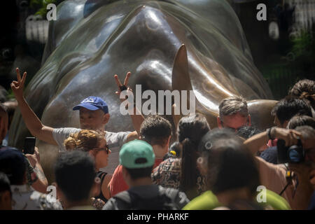 Orde di turisti cluster intorno e posare per le foto di fronte al Wall Street Bull, artista Arturo DiModica, su Broadway in Lower Manhattan a New York il giovedì 30 agosto, 2018. Il mercato azionario è avente la più lunga bull run nella storia, a partire dal 9 marzo 2009 come la grande recessione si è conclusa. (Â© Richard B. Levine) Foto Stock