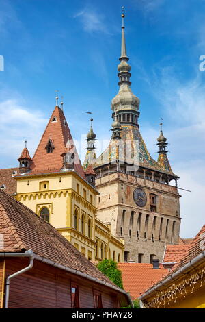 Torre dell Orologio nella città vecchia Sighisoara, Transilvania, Romania Foto Stock
