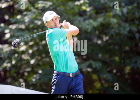 Agosto 31, 2018; Norton, MA, USA; Giordania Spieth alla 9a scatola a t durante il primo round della tecnologie Dell campionato a TPC Boston di Norton, MA. Anthony Nesmith/CSM Foto Stock