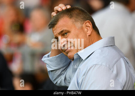 St Helens, Regno Unito. Il 31 agosto 2018. Totalmente Wicked Stadium, St Helens, Inghilterra; Betfred Super League Super 8's , St Helens v Wigan Warriors ; Shaun Wayne allenatore del Wigan Warriors Credito: News immagini /Alamy Live News Foto Stock