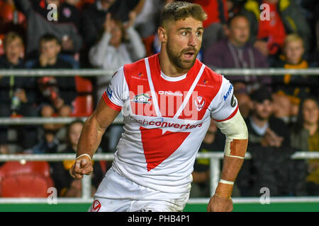 St Helens, Regno Unito. Il 31 agosto 2018. Totalmente Wicked Stadium, St Helens, Inghilterra; Betfred Super League Super 8's , St Helens v Wigan Warriors ; Tommmy Makinson di St Helens punteggi celebra la sua prova a credito: News immagini /Alamy Live News Foto Stock