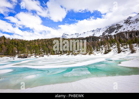 Lago di Saoseo in disgelo, Lago Saoseo, Val di Campo, Val Poschiavo, Canton Grigioni, Svizzera, Europa Foto Stock