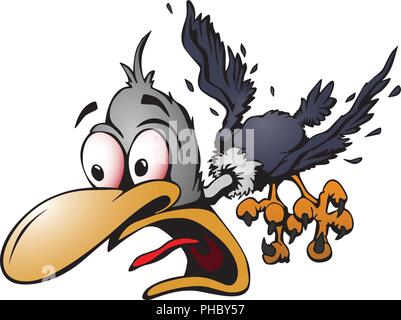 Crazy cartoon bird illustrazione vettoriale con espressione sconvolta, volare, allentato le piume, grandi occhi, full color cartoon graphic Illustrazione Vettoriale