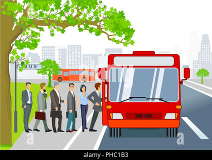 Fermata bus con il bus e passeggeri Foto Stock