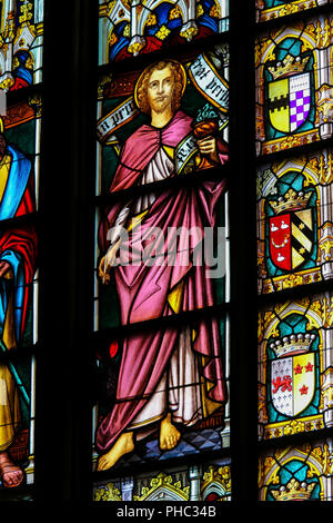 Vetro colorato nella Basilica del Sangue Sacro a Bruges, Belgio, raffigurante San Giovanni Evangelista tenendo un calice con un serpente Foto Stock
