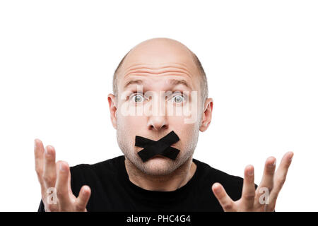 Paura di uomo adulto nastro adesivo la bocca chiusa Foto Stock