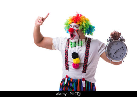 Funny clown con una sveglia isolati su sfondo bianco Foto Stock