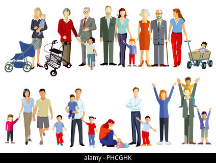 Gruppo di famiglie, generazione insieme, illustrazione Foto Stock