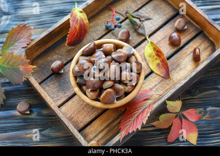 Ciotola con mature castagne su una scatola di legno. Foto Stock