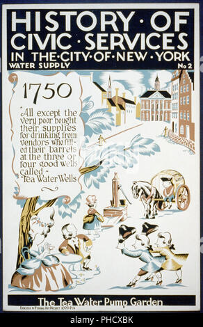 Poster per il progetto federale di arte della serie sulla storia dei servizi civici, mostrando i cittadini socializzare intorno a pompa acqua a New York nel 1750 Foto Stock
