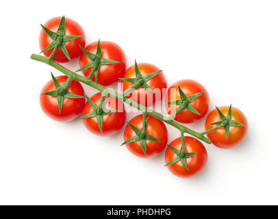 Pomodori ciliegia sul ramo isolato su sfondo bianco Foto Stock