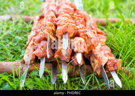 Molti gli spiedini con materie shish kebab Foto Stock