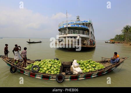 Trasporto di anguria in barca attraverso il Fiume Tetulia nel distretto di Patuakhali, Bangladesh Foto Stock