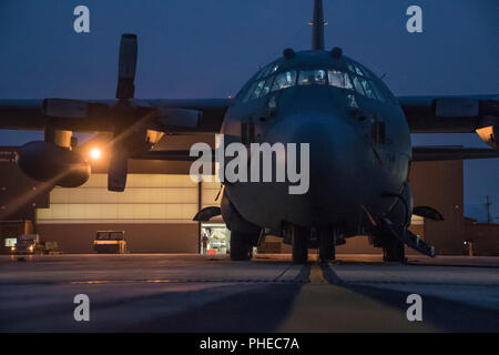 Avieri dal 179th Airlift Wing gruppo Manutenzione preparare la C-130H Hercules completando le operazioni di routine 30 agosto 2018, presso il 179th Airlift Wing, Mansfield, Ohio. Le operazioni di routine eseguita sul C-130H Hercules assicura che il velivolo sono mission pronto a tutte le ore. (U.S. Air National Guard foto di Airman Alexis Wade) Foto Stock