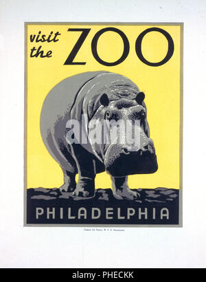 Poster di promozione della zoo come un luogo da visitare, mostrando un ippopotamo. ca 1936-1941 Foto Stock