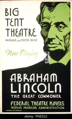 Poster per il teatro federale la presentazione di un progetto che mostra una testa e spalle ritratto di Lincoln. Foto Stock