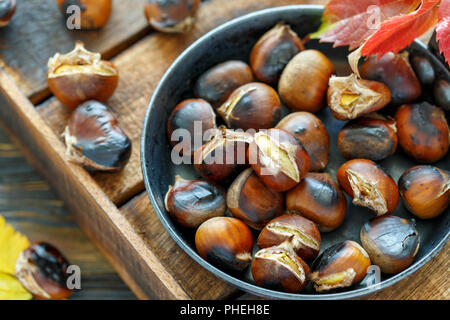 Arrostire le castagne in un tegame closeup. Foto Stock