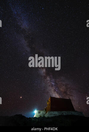 Paesaggio verticale, notte cielo pieno di stelle e la via lattea con antico tempio al monastero di Rangdum in India Foto Stock