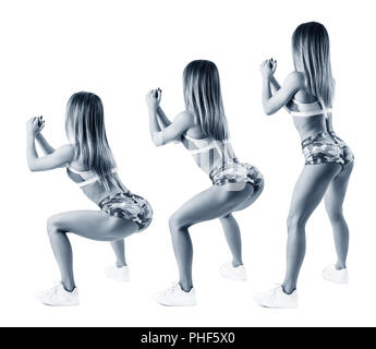 Set di donna sportivo mostra squat passaggi per i muscoli glutei. Foto Stock