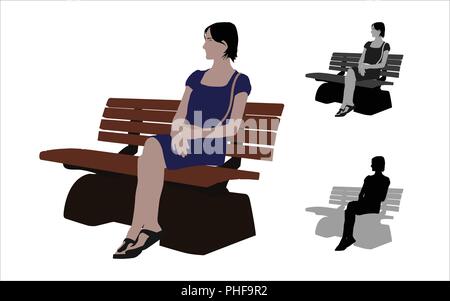 Realistico di colore piatto illustrazione di un casual donna seduta in una panchina nel parco Illustrazione Vettoriale