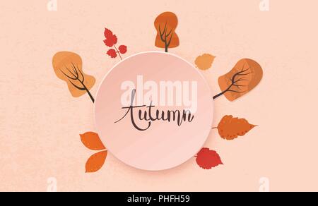 Modello di autunno su sfondo a trama. Caratteri scritti a mano con round badge e alberi e foglie decorazione. Elementi di design di stagione. Mal di vettore Illustrazione Vettoriale