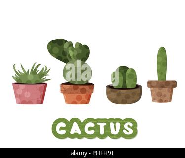 Set di cactus con pentole di creta. Collezione di piante succulente con lettere manoscritte isolati su sfondo bianco. Illustrazione Vettoriale. Illustrazione Vettoriale