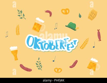 Set di elementi Oktoberfest con caratteri. Il testo scritto a mano con adesivi. Illustrazione Vettoriale. Illustrazione Vettoriale