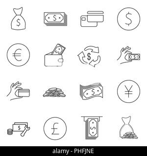 Semplice insieme di denaro relativi linea del vettore icone. Contiene le icone come portafogli, ATM, fascio di soldi, mano con una moneta e più. Corsa modificabile. Illustrazione Vettoriale