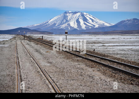 Treno le vie di corsa attraverso il Salar de Chiguana nel né Lipez provincia, vicino Uyuni, Bolivia. Foto Stock