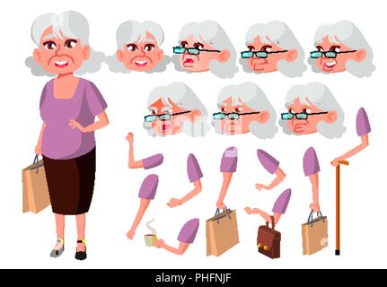 Vecchia donna vettore. Senior Persona. Età, gli anziani. Carino, fumetti. La gioia. Affrontare le emozioni, vari gesti. Creazione di animazione Set. Piatto isolato personaggio dei fumetti illustrazione Illustrazione Vettoriale