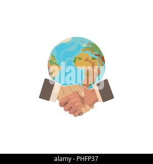Immagine a colori. Idea di business - stretta di mano e del pianeta. La cooperazione internazionale Illustrazione Vettoriale