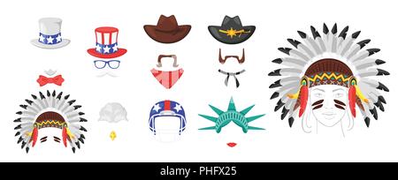 Vettore stile cartoon set di icone USA face elemento o maschera di Carnevale. Elemento di decorazione per il vostro selfie foto e video chat filtro. American simboli. È Illustrazione Vettoriale