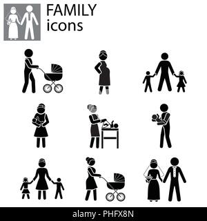 Famiglia di set di icone nero su sfondo bianco Illustrazione Vettoriale