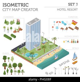 Appartamento 3D isometrica resort hotel e mappa della città costruttore elementi come edificio, Spiaggia, piscina, giardino, bar, la natura isolata su bianco. Costruire Illustrazione Vettoriale