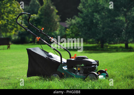Tosaerba su un prato su uno sfondo di alberi Foto Stock
