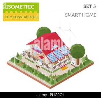 Appartamento 3D isometrica smart home e mappa della città costruttore elementi come edificio, , giardino, fonti di energia rinnovabili isolato su bianco. Costruisci il tuo infogra Illustrazione Vettoriale