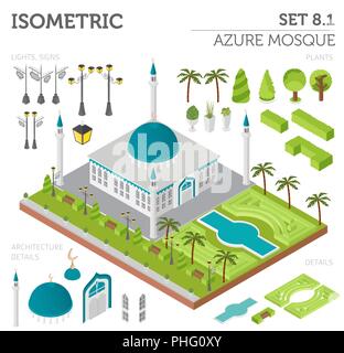Appartamento 3D isometrica moschea islamica e mappa della città costruttore elementi come edificio, minareto, giardino isolato su bianco. Costruire il vostro proprio una infografica co Illustrazione Vettoriale